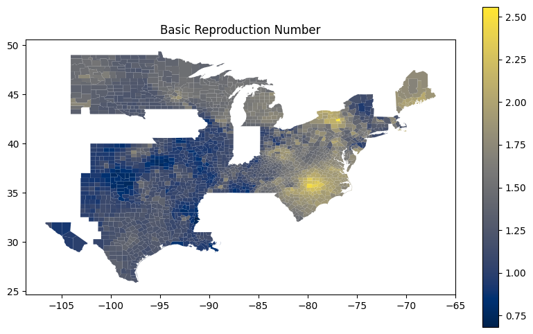Blue and yellow choropleth map of reproduction numbers in parts of the U.S.