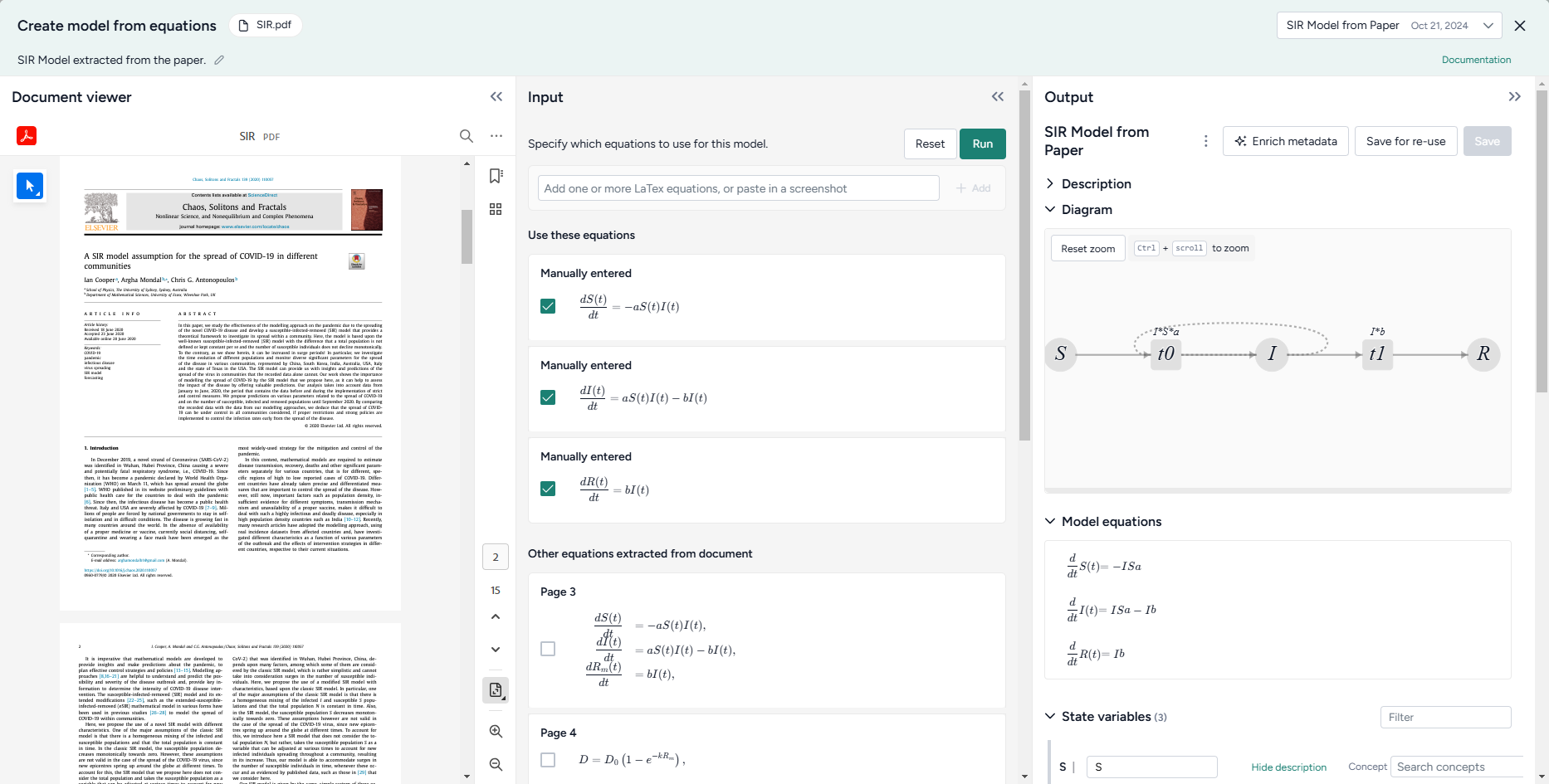 SIR model created from equations extracted from a COVID-19 research paper